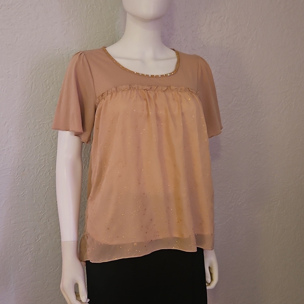AXES FEMME Tan Metallic Stars Ruffle Tie Back Top - Picture 2 of 10